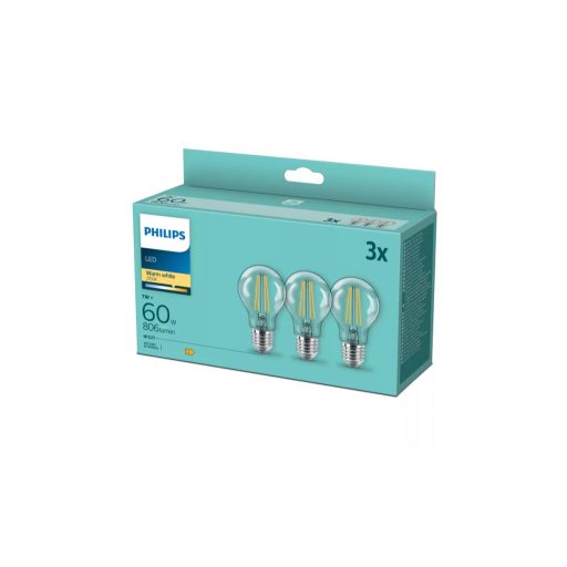Philips LED classic 60W A60 E27 WW CL ND  3DB -os izzó csomag 